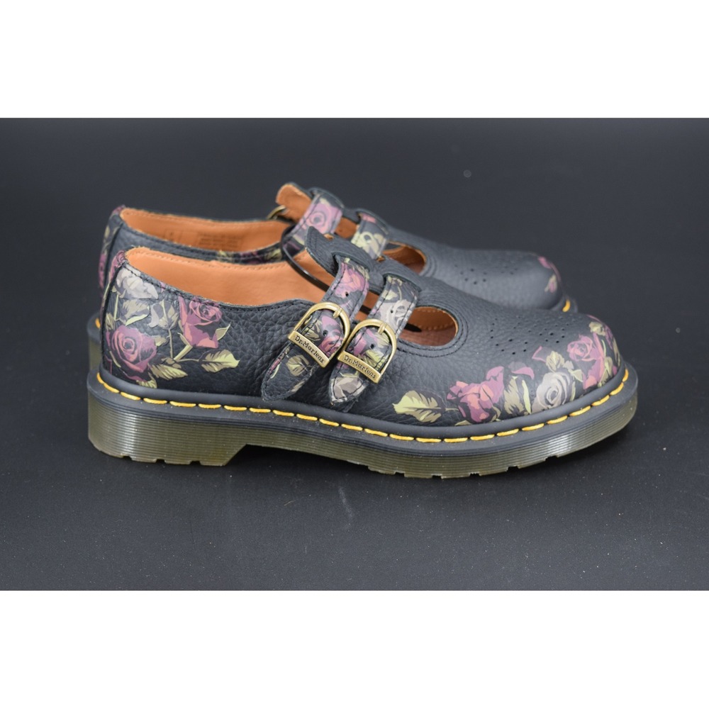 Dr. Martens 8065 Mary Jane Women Black Floral Rose Double Buckle T-Strap Shoes - Picture 2 of 9